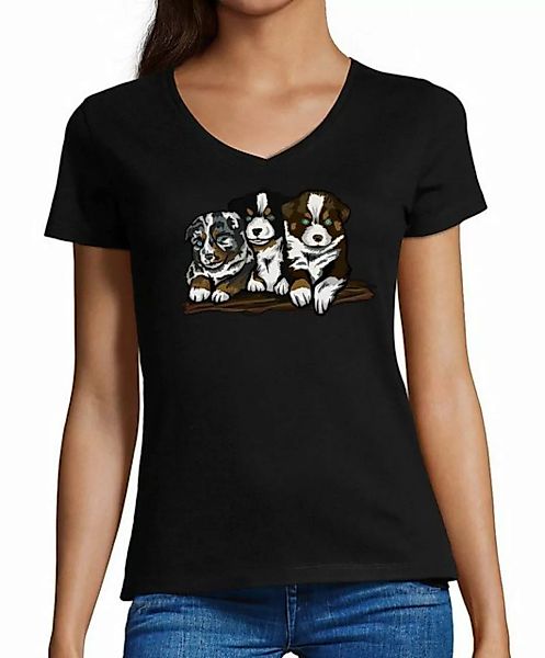 MyDesign24 T-Shirt Damen Hunde Print Shirt - Drei Hundewelpen V-Ausschnitt günstig online kaufen