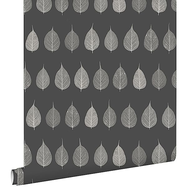 ESTAhome Tapete Skelettblätter Schwarz und Braun und Antrazitgrau 53 cm x 1 günstig online kaufen