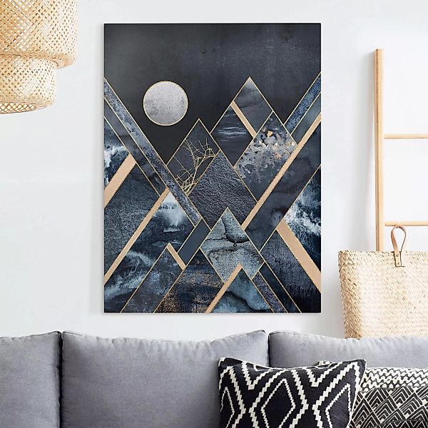 Leinwandbild Abstrakt - Hochformat Goldener Mond abstrakte schwarze Berge günstig online kaufen