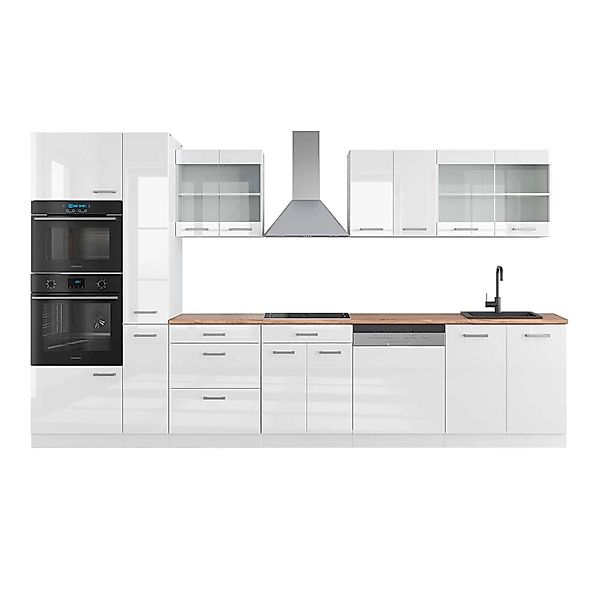 Vicco R-Line Küchenzeile Weiß Hochglanz/Weiß 350 cm mit HochschrankAP Eiche günstig online kaufen