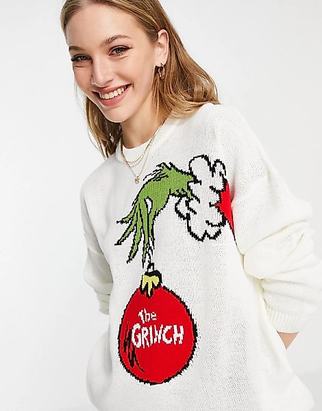ASOS DESIGN – Weihnachtspullover mit Grinch-Motiv-Weiß günstig online kaufen