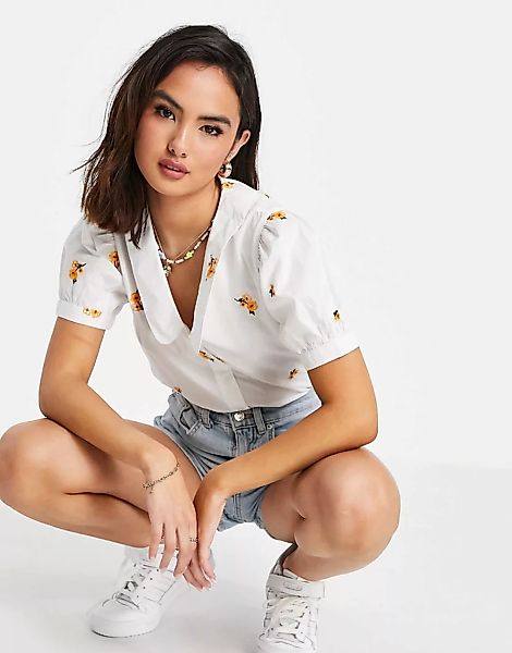 New Look – Popeline-Hemd in Weiß mit Stickerei und Kragen günstig online kaufen