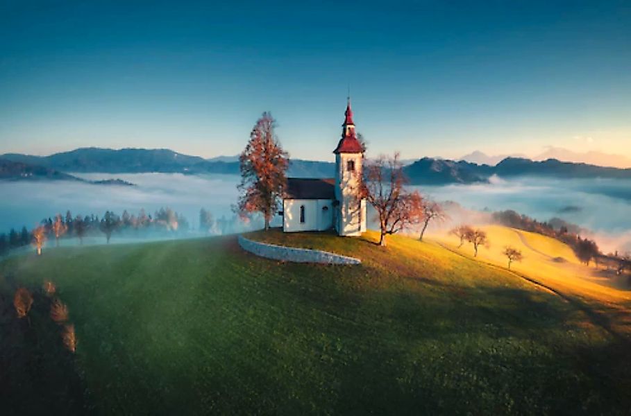 Papermoon Fototapete »PANORAMA-KIRCHE SONNE GEBIRGE LANDSCHAFT SLOWENIEN XX günstig online kaufen