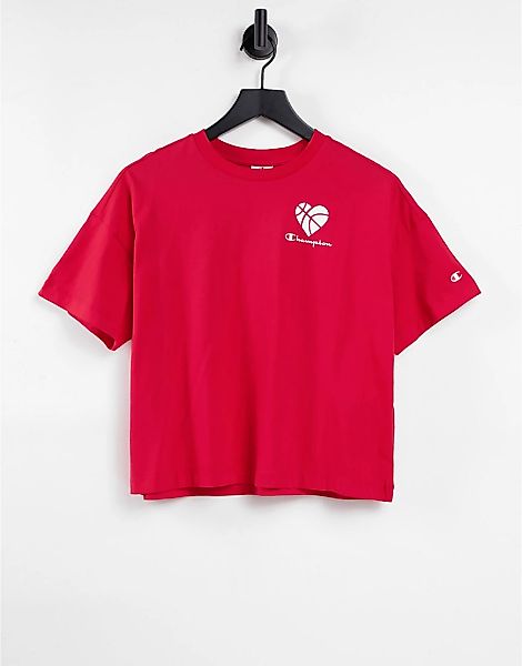 Champion – T-Shirt mit kurzem Schnitt und Herz-Print in Rot günstig online kaufen