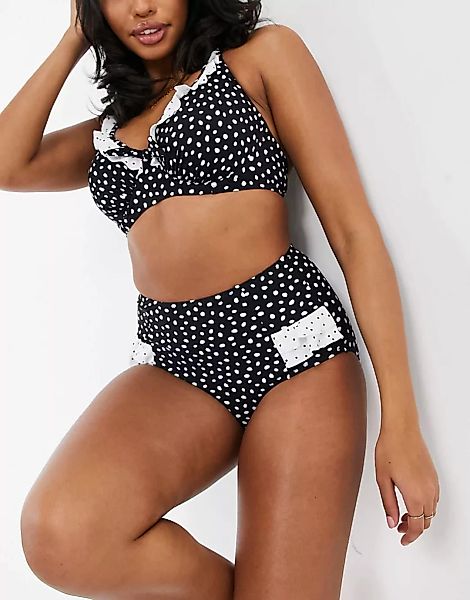 Pour Moi Fuller Bust – Hotspots – Gepunktete Bikinihose mit Rüschen und hoh günstig online kaufen