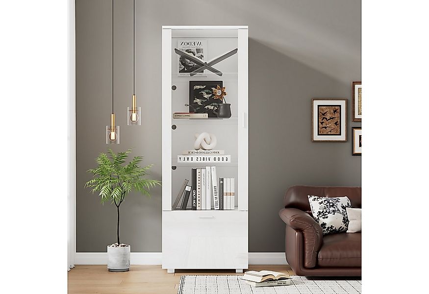 OKWISH Vitrine Weiß Hochglanzvitrinen 50x40x160 cm mit Acryltür und LED-Bel günstig online kaufen