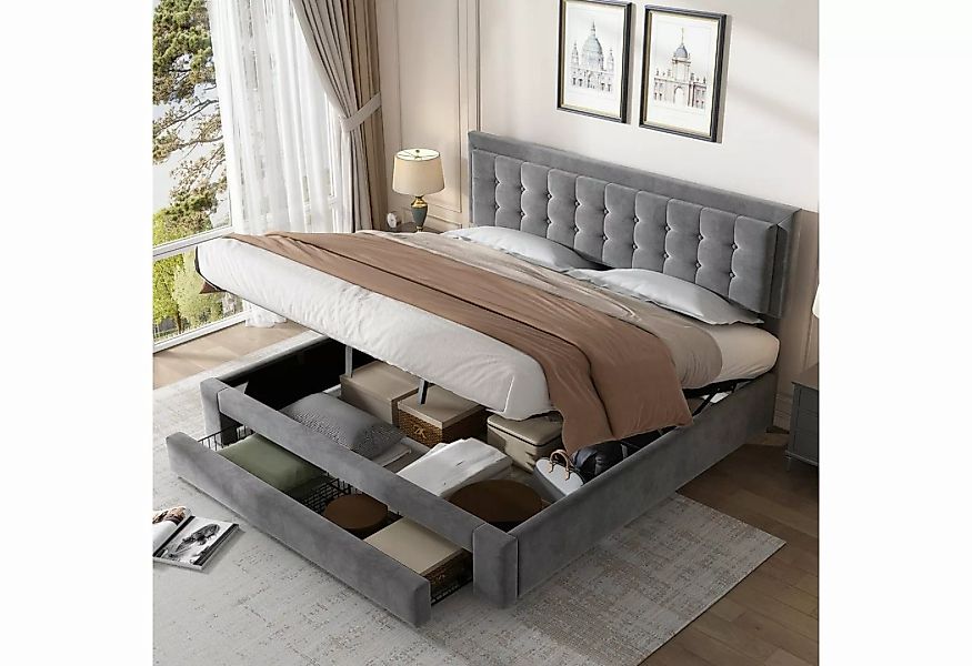 WISHDOR Polsterbett Doppelbett (Doppelbett, mit 2 Schubladen, Holzlattenunt günstig online kaufen