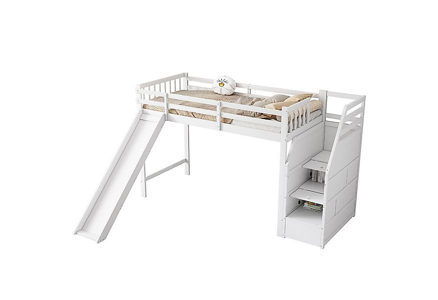 SOFTWEARY Hochbett mit Lattenrost und Rutsche (90x200 cm) Kinderbett mit Ra günstig online kaufen