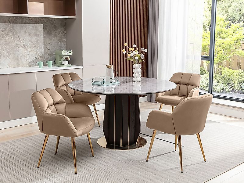 Stuhl mit Armlehnen 2er-Set - Samt & goldfarbenes Metall - Beige - PEGA günstig online kaufen