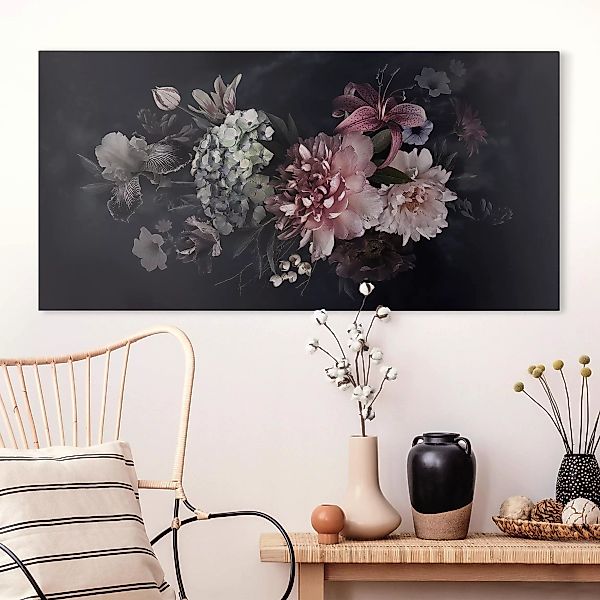 Leinwandbild - Querformat Blumen mit Nebel auf Schwarz günstig online kaufen