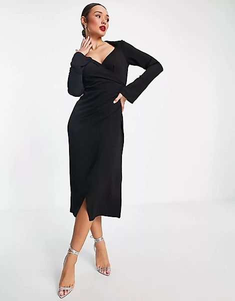 ASOS DESIGN – Midi-Wickelkleid im Stil der 70er in Schwarz mit drapierter V günstig online kaufen