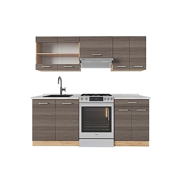 Vicco R-Line Küchenzeile Edelgrau/Goldkraft Eiche 200 cm AP Marmor günstig online kaufen