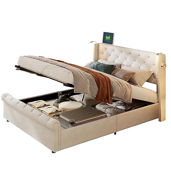 FUROKOY Polsterbett Hydraulisch Doppelbett (140x200cm Stauraumbett mit Lese günstig online kaufen