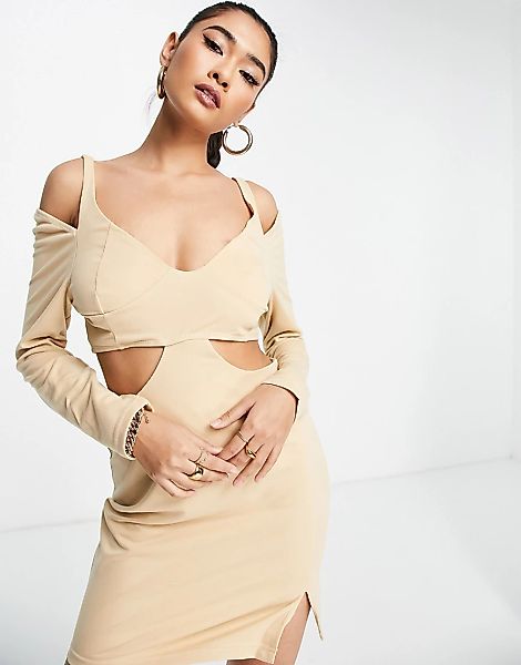 Unique21 – Jersey-Minikleid in Sand mit Zierausschnitten-Neutral günstig online kaufen