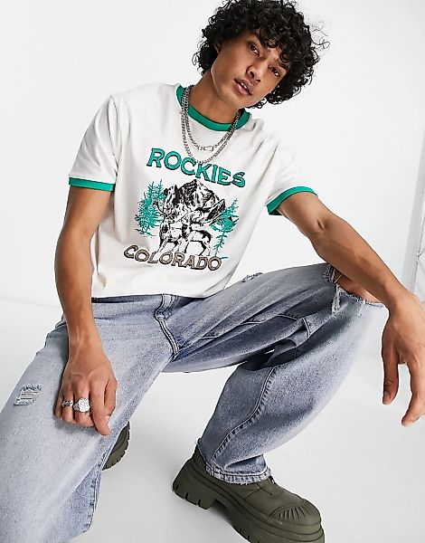 ASOS DESIGN – Locker geschnittenes Ringer-T-Shirt in gebrochenem Weiß und G günstig online kaufen
