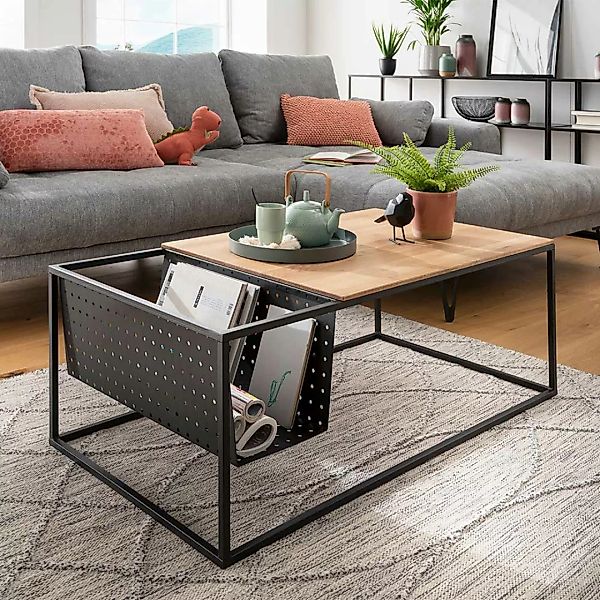 Wohnzimmer Tisch Factory aus Eiche Massivholz & Metall Ablage günstig online kaufen