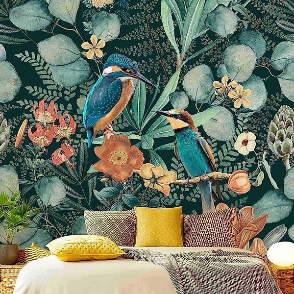 Bilderdepot24 Vliestapete Vintage Blumenparadies Eisvogel Kolibri günstig online kaufen