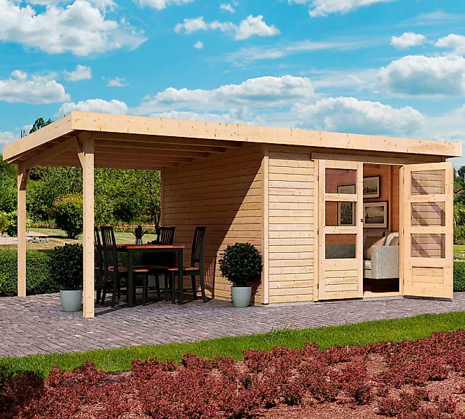 Karibu Gartenhaus "Arnis" mit Anbaudach 2,40 m Breite günstig online kaufen