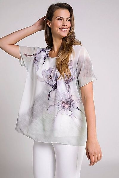 Ulla Popken Longbluse Bluse doppellagig Blüten A-Linie Rundhals Halbarm günstig online kaufen
