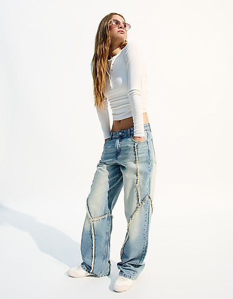 Bershka Baggy-Jeans Fransen Damen 42 Ausgewaschenes Blau günstig online kaufen