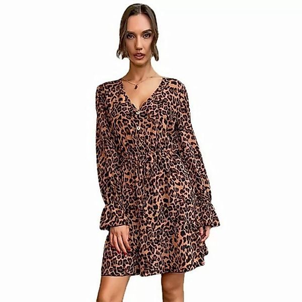 FIDDY Midikleid Modisches langärmeliges Kleid mit V-Ausschnitt und Leoparde günstig online kaufen