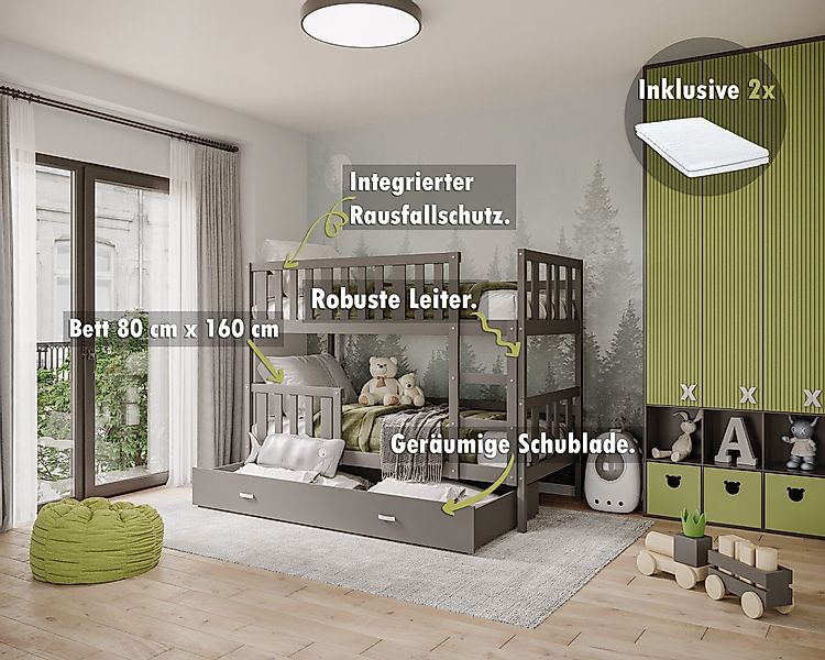 AJKmeble Hochbett mit Rausfallschutz, Etagenbett 80x160cm, günstig online kaufen