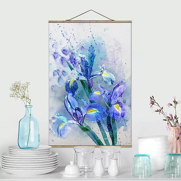 Stoffbild Blumen mit Posterleisten - Hochformat Aquarell Blumen Iris günstig online kaufen