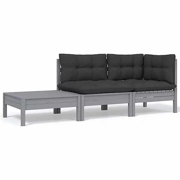 3-tlg. Garten-lounge-set Mit Kissen Grau Kiefer Massivholz günstig online kaufen