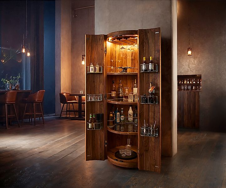 Barschrank Tulsa 80x190 cm Akazie Natur LED-Beleuchtung Weinschrank günstig online kaufen