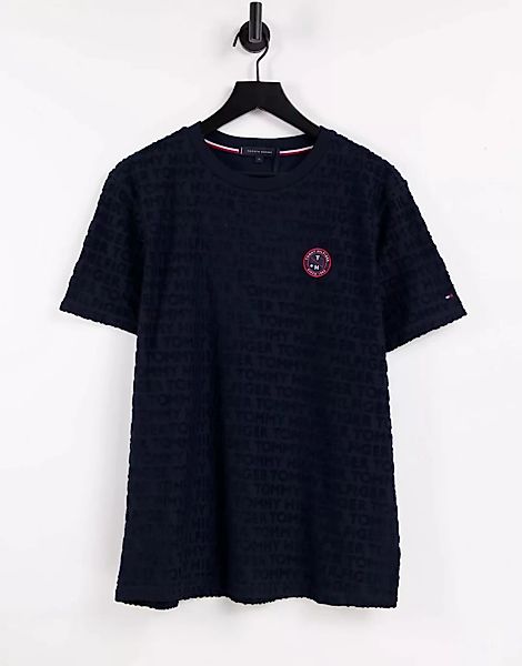 Tommy Hilfiger – Lounge-T-Shirt aus Frottee mit Tennis-Logo in Marineblau günstig online kaufen