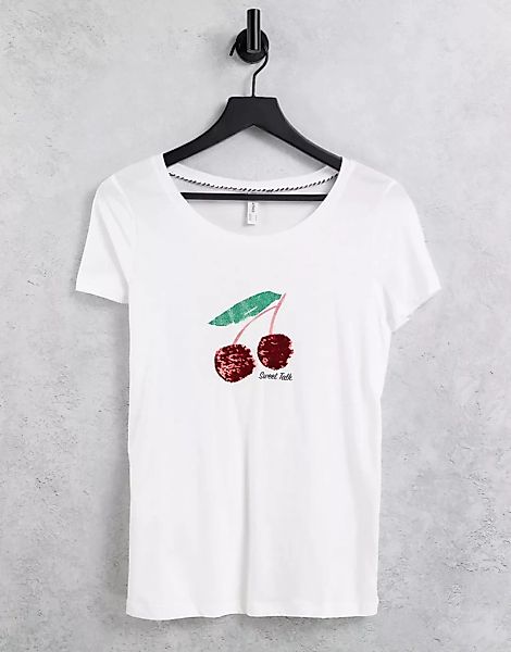 Only – Kita – T-Shirt in Weiß mit Kirsch-Grafik günstig online kaufen