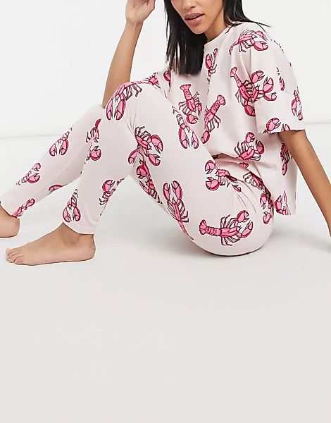 ASOS DESIGN – Pyjama-Set mit T-Shirt & Leggings und Hummerprint in Rosa und günstig online kaufen