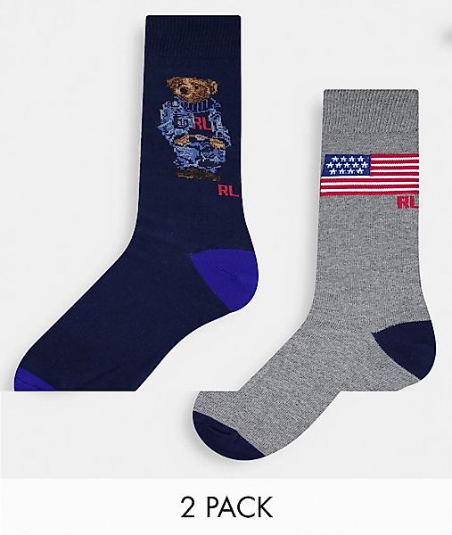 Polo Ralph Lauren – 2er-Pack Socken in Marineblau/Grau mit Bärenlogo günstig online kaufen