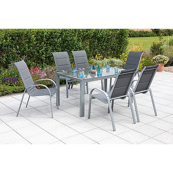 Merxx Amalfi Set 7 -tlg. 6 Stapelsessel Rechteckiger Gartentisch Silber-Gra günstig online kaufen