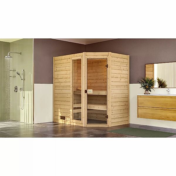 Weka Massivholzsauna Valida Eck 1 5,4 kW Kompakt Glastür/Fenster günstig online kaufen
