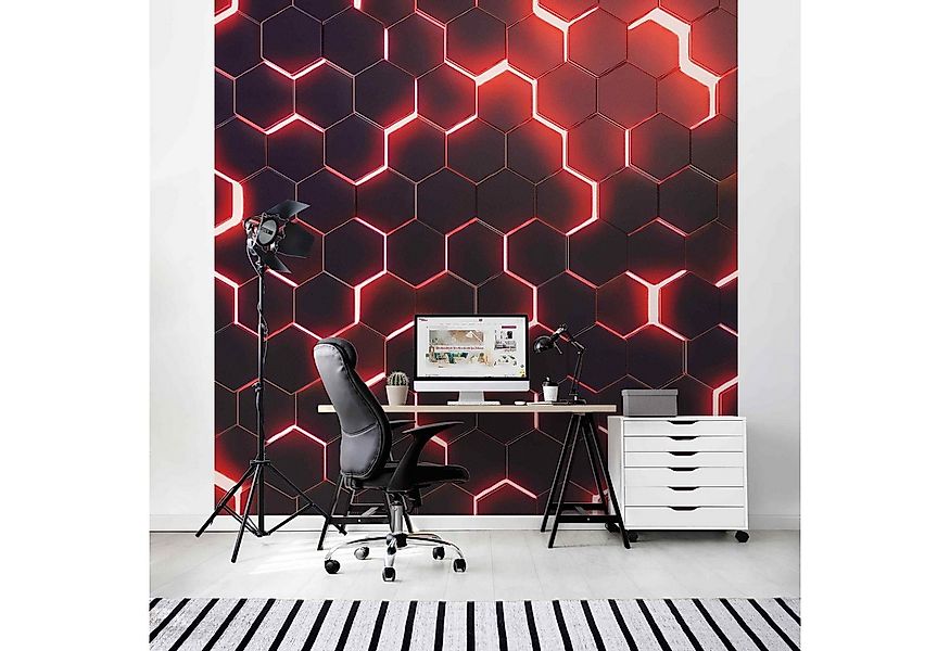 Bilderdepot24 Mustertapete Hexagone Neonlicht Rot 3D-Optik Muster Neon Art günstig online kaufen