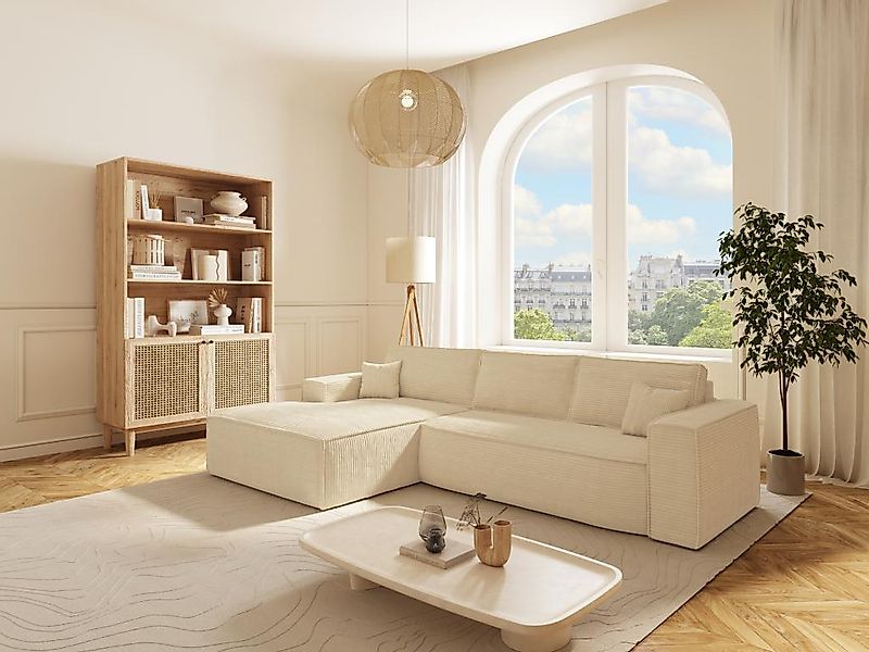 Eckschlafsofa mit Matratze - Ecke links - Cord - Beige - Liegefläche 140 cm günstig online kaufen