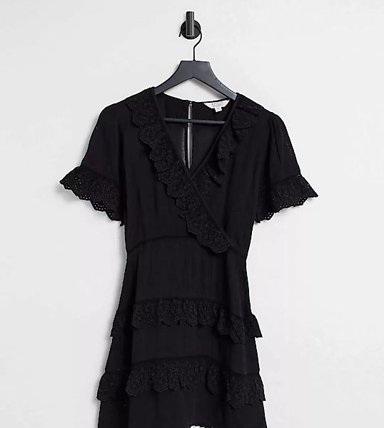 Miss Selfridge Petite – Kleid mit Rüschen und Lochstickerei in Schwarz günstig online kaufen