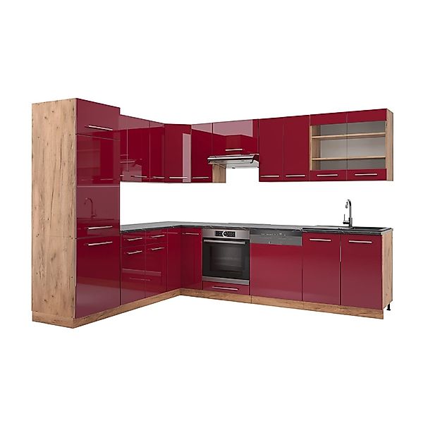 Vicco Fame-Line Eckküche Bordeaux Hochglanz/Goldkraft Eiche 227 x 60 cm ohn günstig online kaufen