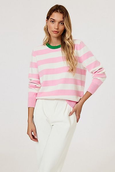 FS Collection Strickpullover Damen Strickpullover gestreift Rosa-Weiß mit R günstig online kaufen