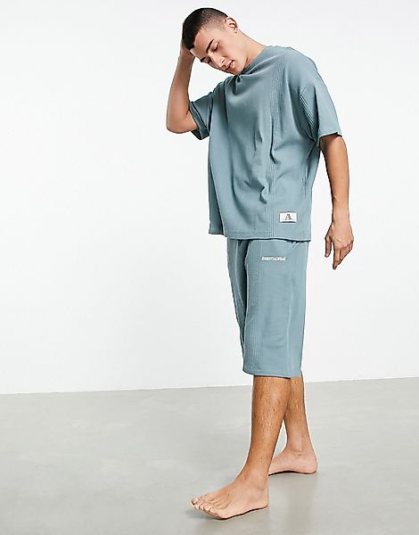 ASOS DESIGN – Essentialwear – Lounge-Pyjamaset in Blau mit Waffelstruktur günstig online kaufen