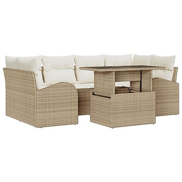 vidaXL Loungesofa 7-teiliges Garten Sofa Set mit Kissen Beige Poly Rattan, günstig online kaufen