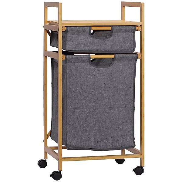 HOMCOM Wäschekorb mit 2 Stoffbeuteln  Bambus Wäschebox auf Rollen, Wäschesa günstig online kaufen
