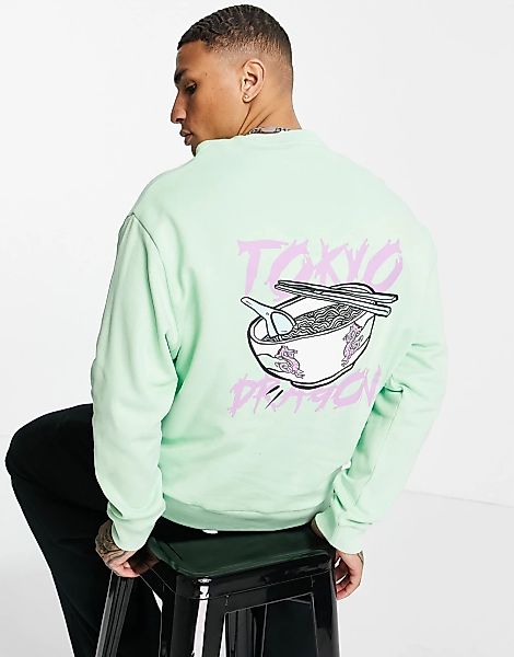 ASOS DESIGN – Oversize-Sweatshirt in Pastellgrün mit „Tokyo“-Nudelprint am günstig online kaufen