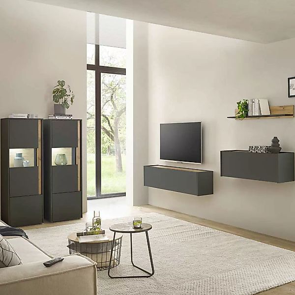 Wohnmöbel mit Schreibtisch in Anthrazit Wildeichefarben (fünfteilig) günstig online kaufen