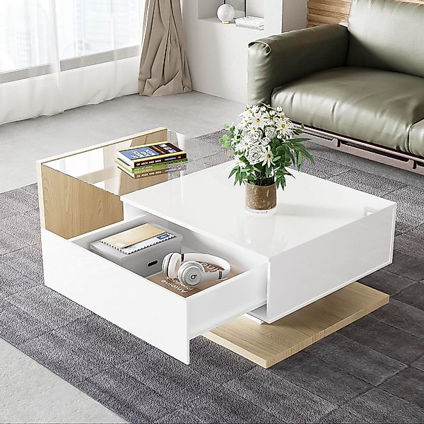 Couchtisch, mit LED und Ablagefach modern Design Hochglanz Weiß Holz Glaspl günstig online kaufen