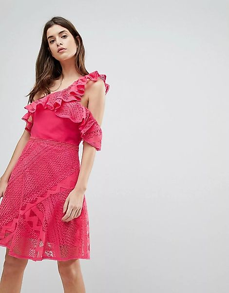Three Floor – Gerüschtes Spitzenkleid mit One-Shoulder-Träger-Rosa günstig online kaufen