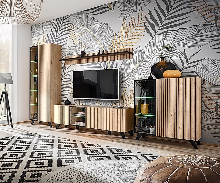 ASM-Moebel Wohnwand Wohnwand LIAM mit Lamellen LED Beleuchtung und Push - C günstig online kaufen