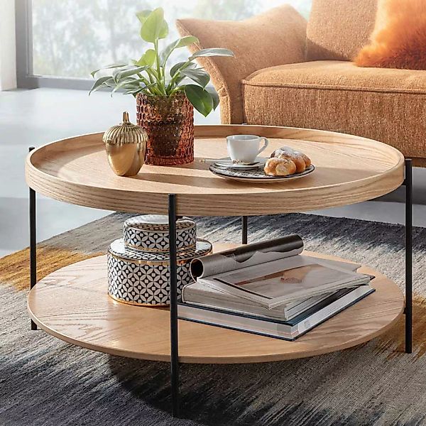 Sofa Tisch in Eichefarben Metall Vierfußgestell Schwarz günstig online kaufen