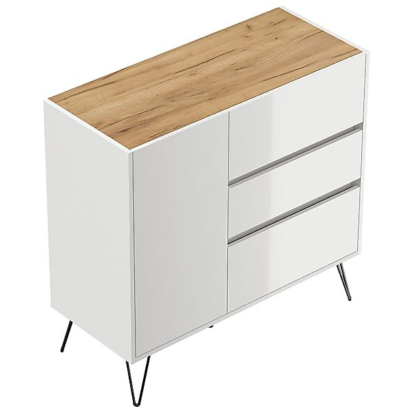 Posseik Sideboard Industrial L 3 Schubladen 1 Tür 100 cm Weiß Eiche Top günstig online kaufen